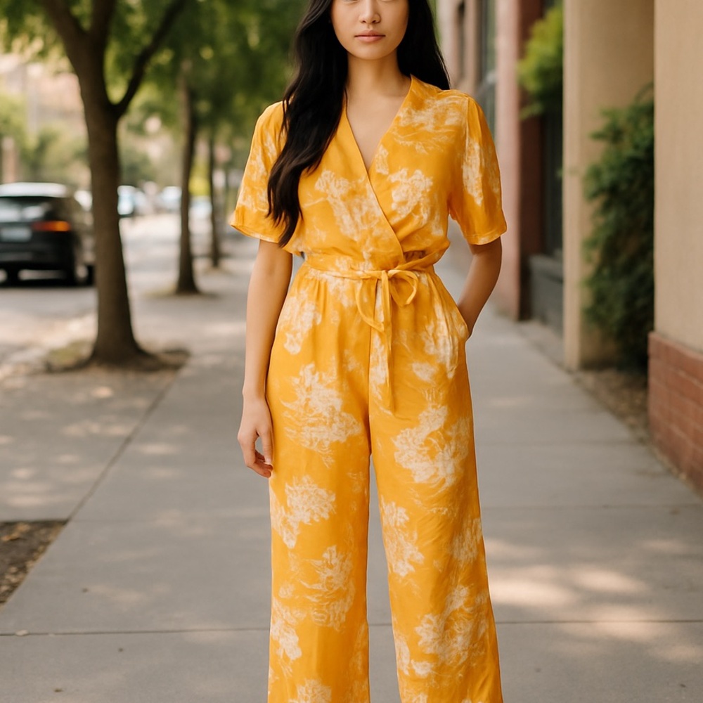 NWT FAVLUX Fashion silky/Chiffon Fabric Yellow Floral Jumpsuit